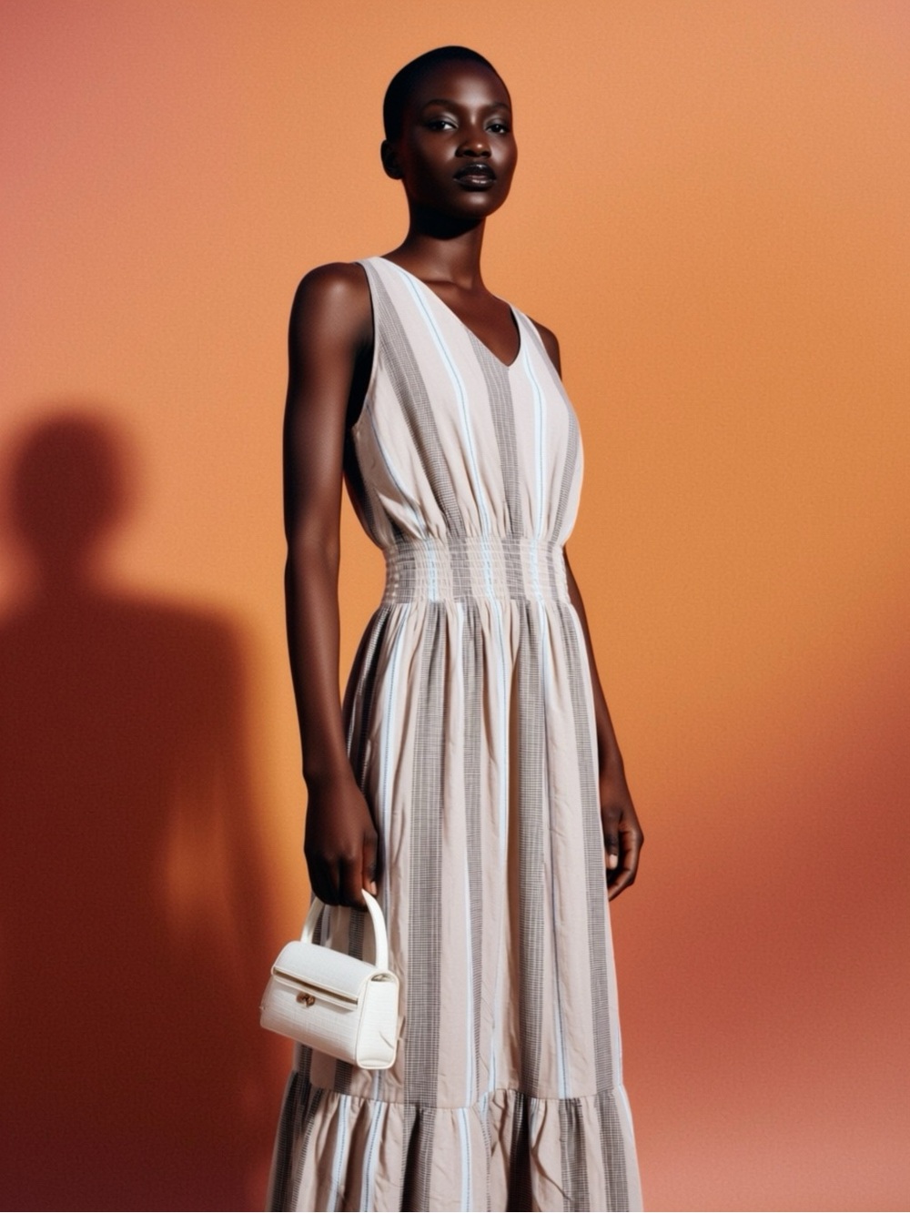 Sleeveless V-Neck Striped Cotton Summer Maxi Dress in Neutral Stripe